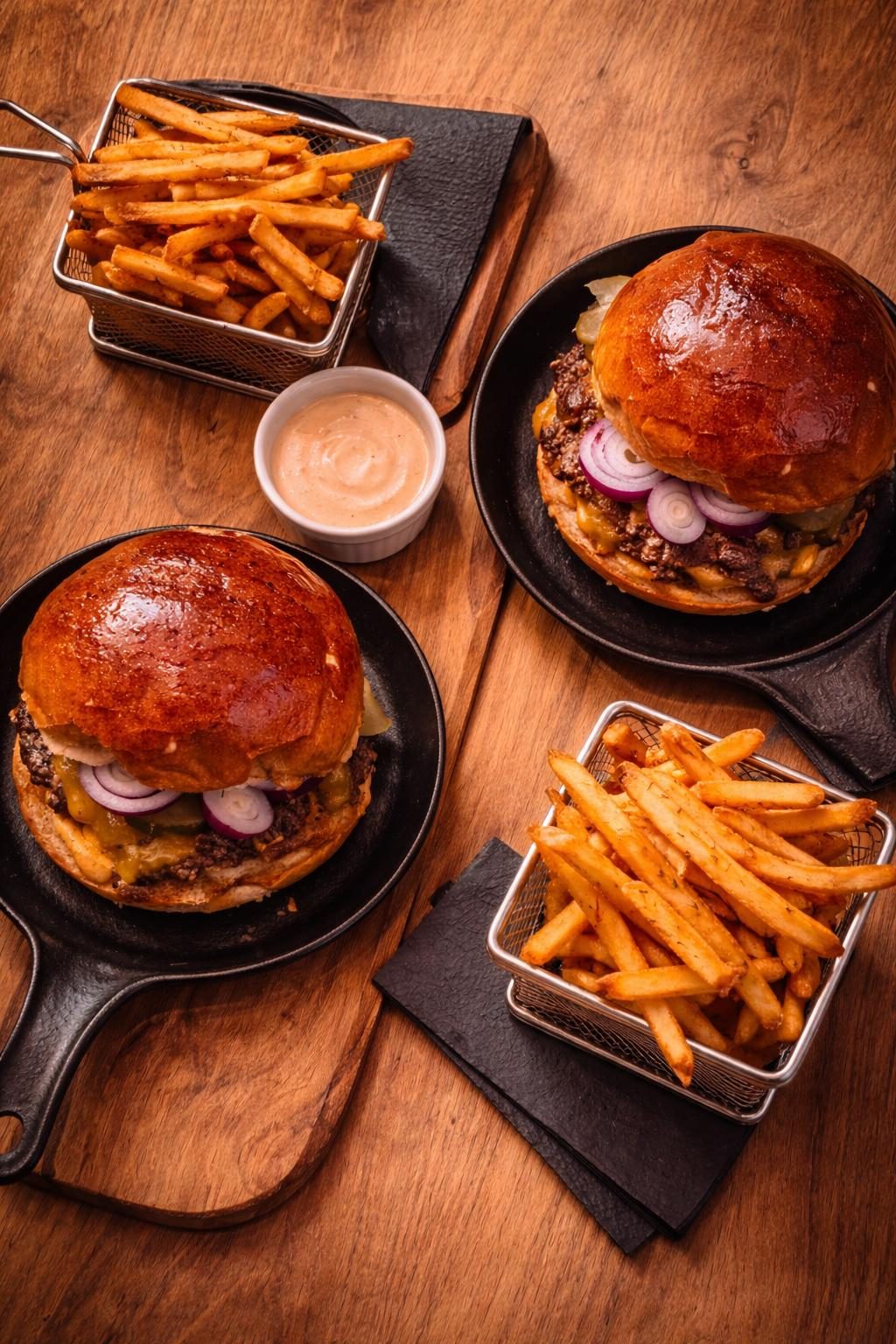 Dva smash burgery na litinových pánvích s belgickými hranolky a omáčkou