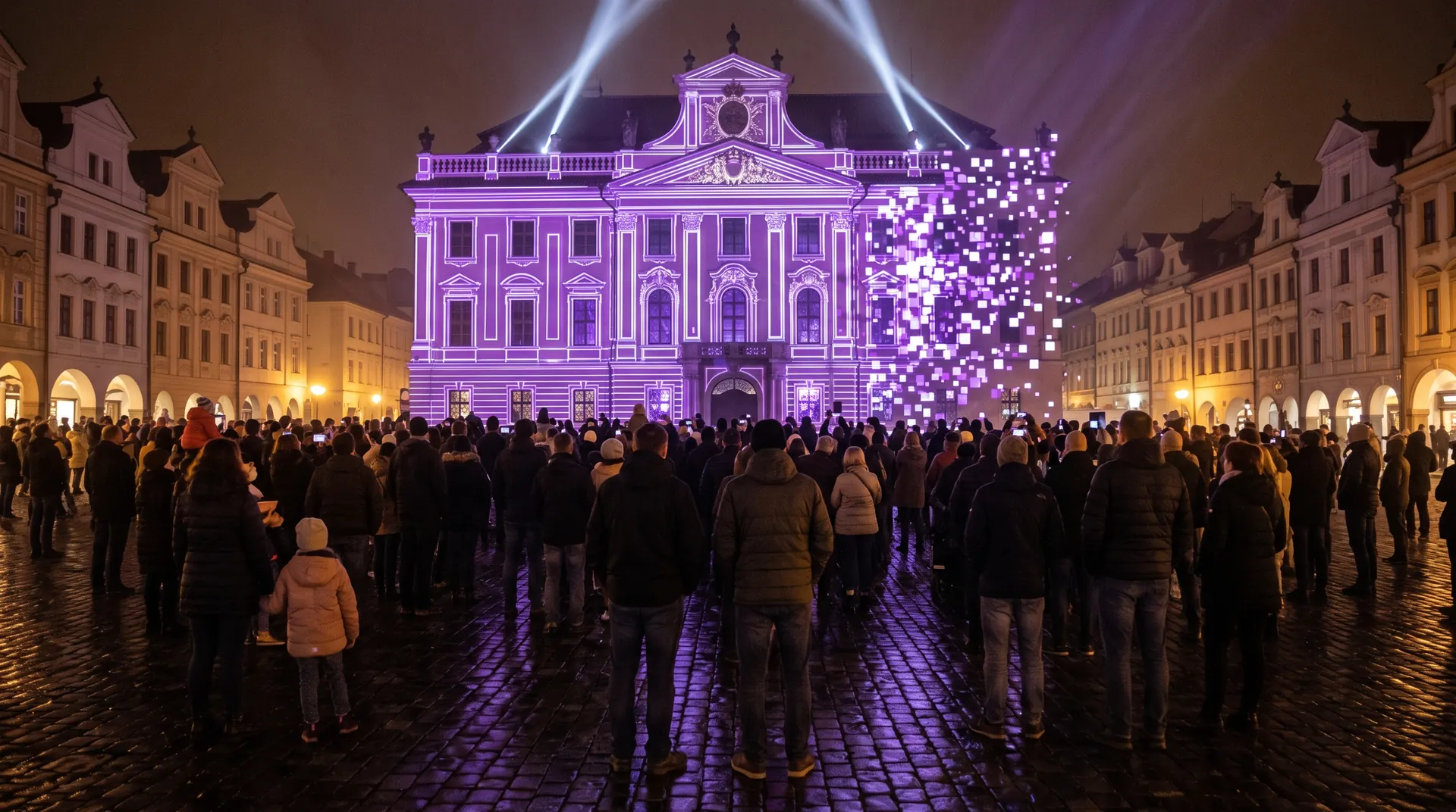Projekce na barokní fasádu, dav lidí na náměstí v noci